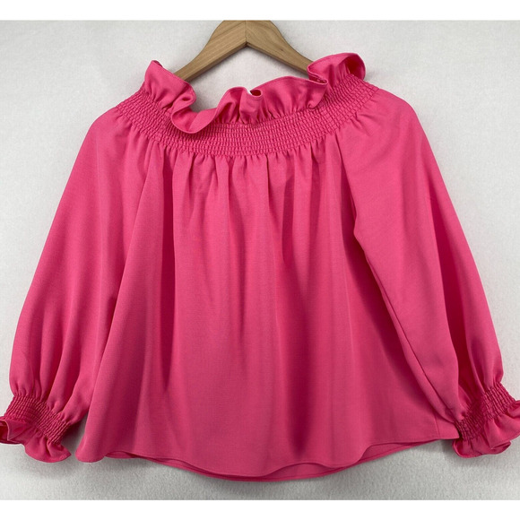 TUCKERNUCK Top XS Shirred Ruffle Off the Shoulder Long Sleeve Blouse Pink - Picture 3 of 13